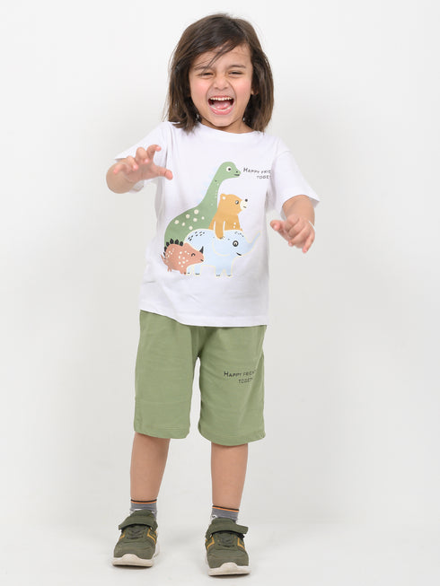 Happy Friends Cotton Short Set (White & Green)