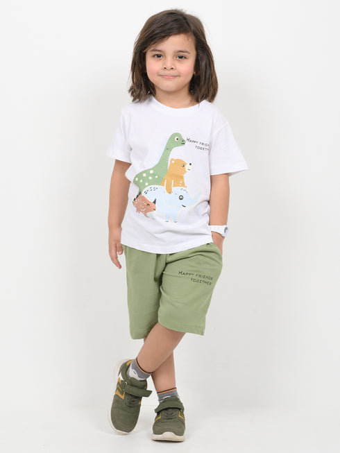 Happy Friends Cotton Short Set (White & Green)