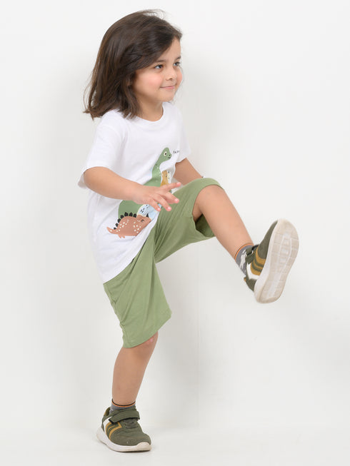 Happy Friends Cotton Short Set (White & Green)