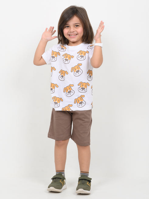 Happy Puppy Cotton Short Set (White & Brown)