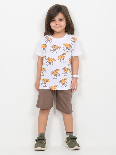 Happy Puppy Cotton Short Set (White & Brown)