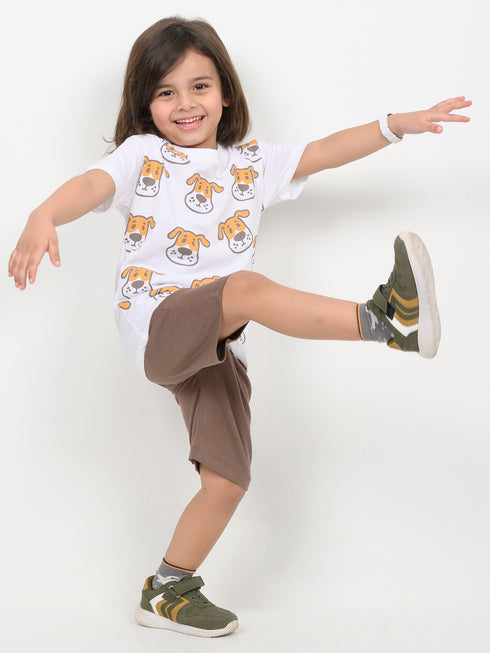 Happy Puppy Cotton Short Set (White & Brown)