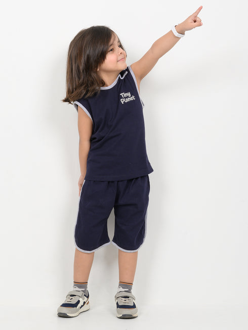 Embroidered Sleeveless Short Set (Navy Blue)