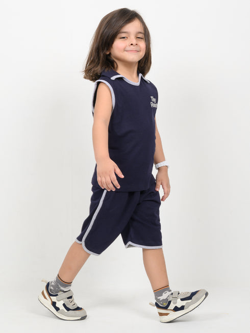 Embroidered Sleeveless Short Set (Navy Blue)