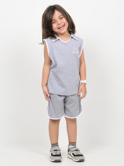 Embroidered Sleeveless Short Set (Heather Grey)