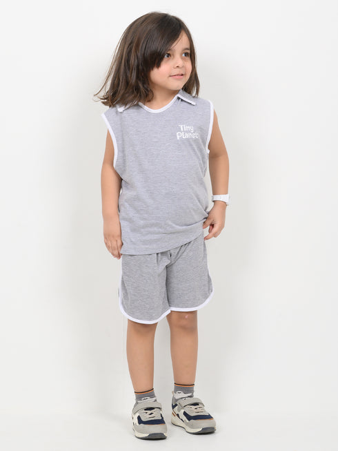 Embroidered Sleeveless Short Set (Heather Grey)