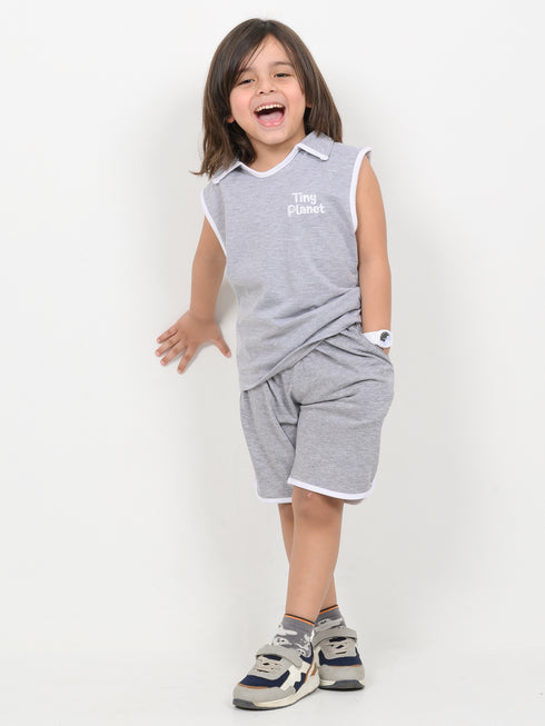 Embroidered Sleeveless Short Set (Heather Grey)
