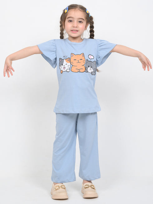Frill Sleeves Kitty Tales Cotton Trouser Set (Sky Blue)