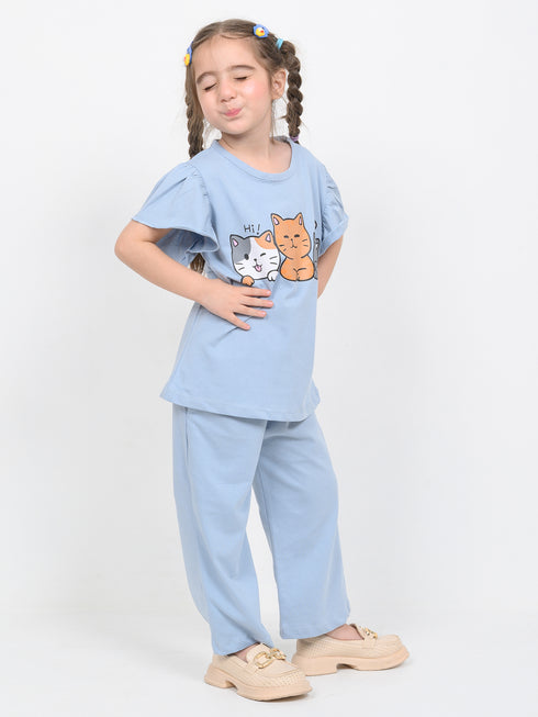 Frill Sleeves Kitty Tales Cotton Trouser Set (Sky Blue)