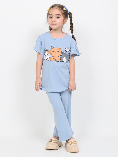 Frill Sleeves Kitty Tales Cotton Trouser Set (Sky Blue)