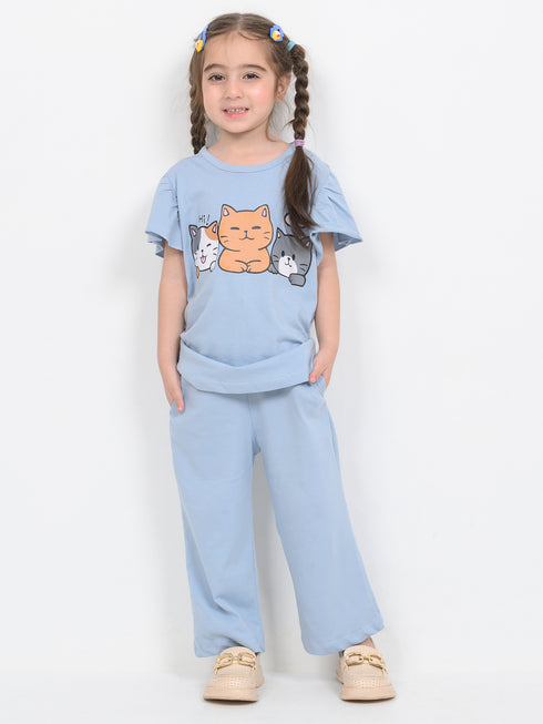 Frill Sleeves Kitty Tales Cotton Trouser Set (Sky Blue)