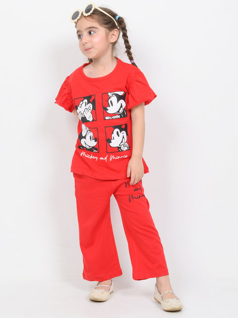 Frill Sleeves Mickey And Minnie Cotton Trouser Set (Cherry Red)