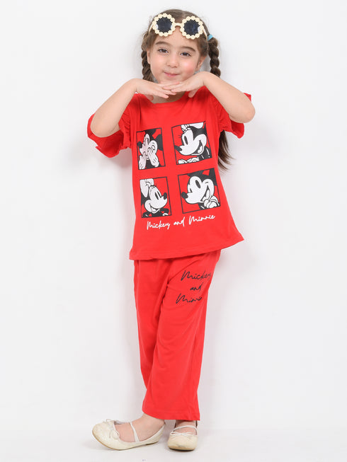 Frill Sleeves Mickey And Minnie Cotton Trouser Set (Cherry Red)