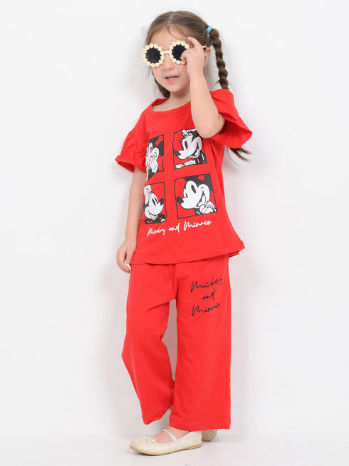 Frill Sleeves Mickey And Minnie Cotton Trouser Set (Cherry Red)