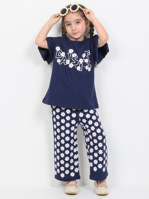 Frill Sleeves Daises In Bloom Cotton Trouser Set (Navy Blue)