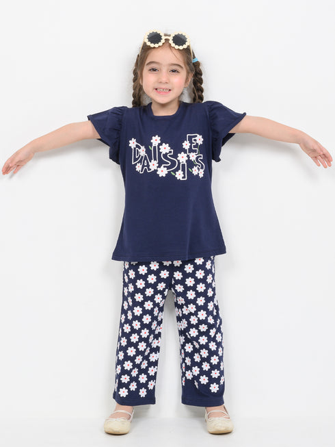 Frill Sleeves Daises In Bloom Cotton Trouser Set (Navy Blue)
