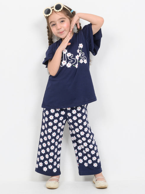 Frill Sleeves Daises In Bloom Cotton Trouser Set (Navy Blue)