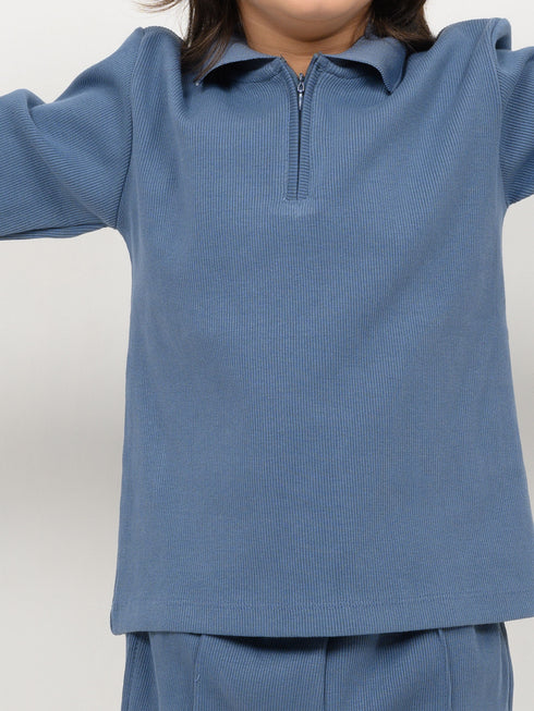 Imported Ribbed Classic Zip Polo 2 Piece Set (Dusty Blue)