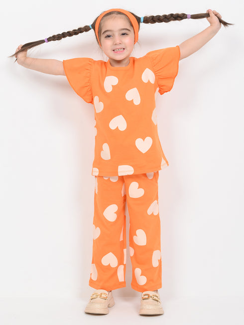 Frill Sleeves Heart Pop Cotton Trouser Set (Orange)
