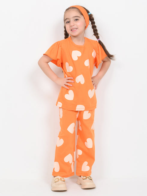 Frill Sleeves Heart Pop Cotton Trouser Set (Orange)