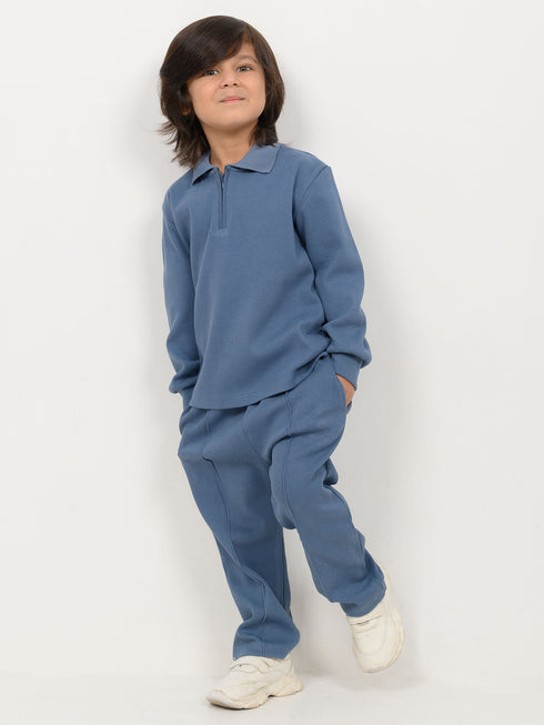 Imported Ribbed Classic Zip Polo 2 Piece Set (Dusty Blue)