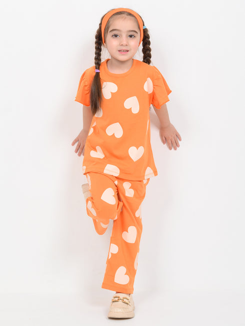 Frill Sleeves Heart Pop Cotton Trouser Set (Orange)