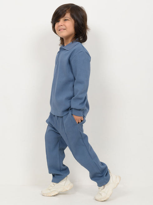 Imported Ribbed Classic Zip Polo 2 Piece Set (Dusty Blue)