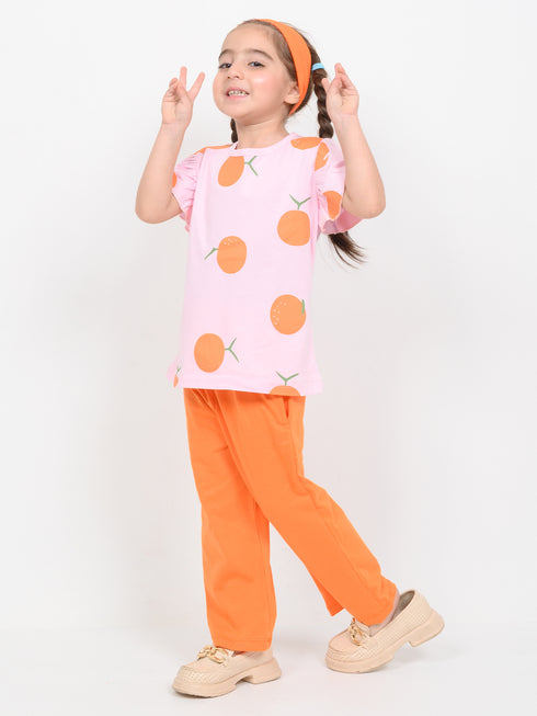 Frill Sleeves Orange Blossom Cotton Trouser Set (Baby Pink & Orange)