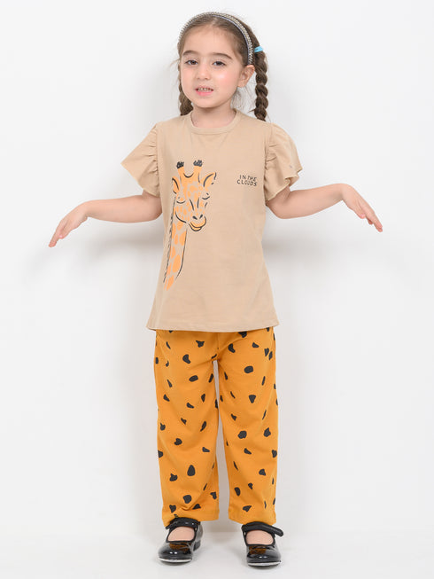 Frill Sleeves Giraffe Glow Cotton Trouser Set (Beige & Mustard)