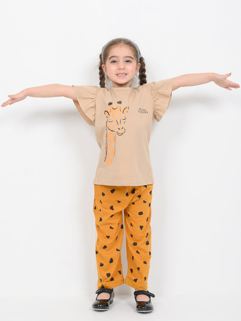 Frill Sleeves Giraffe Glow Cotton Trouser Set (Beige & Mustard)