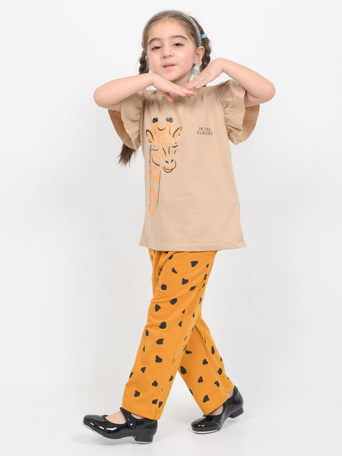 Frill Sleeves Giraffe Glow Cotton Trouser Set (Beige & Mustard)