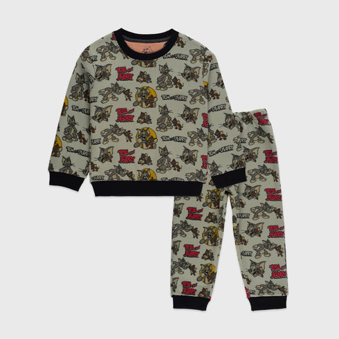 Tom & Jerry Allover Printed Fleece Tracksuit (Light Green)