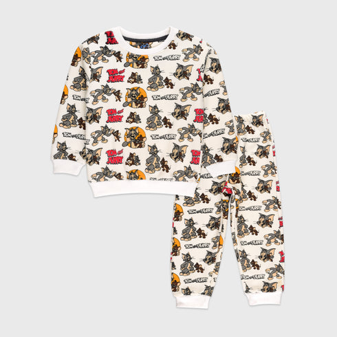 Tom & Jerry Allover Printed Fleece Tracksuit (Ash White)