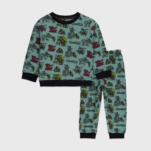 Tom & Jerry Allover Printed Fleece Tracksuit (Green)