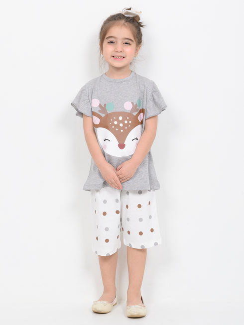 Frill Sleeves Polka Deer Cotton Short Set (Grey & Off-White)