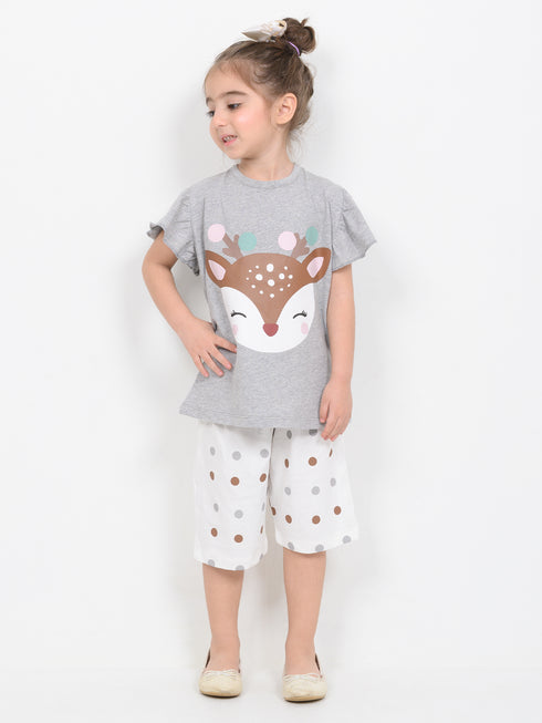Frill Sleeves Polka Deer Cotton Short Set (Grey & Off-White)