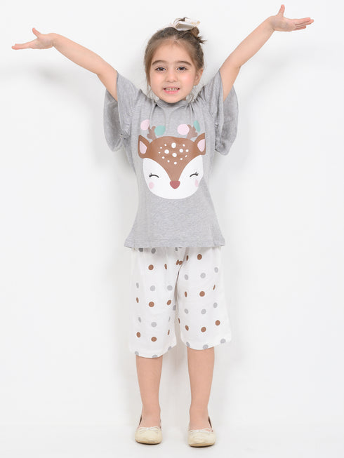 Frill Sleeves Polka Deer Cotton Short Set (Grey & Off-White)