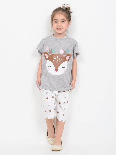 Frill Sleeves Polka Deer Cotton Short Set (Grey & Off-White)