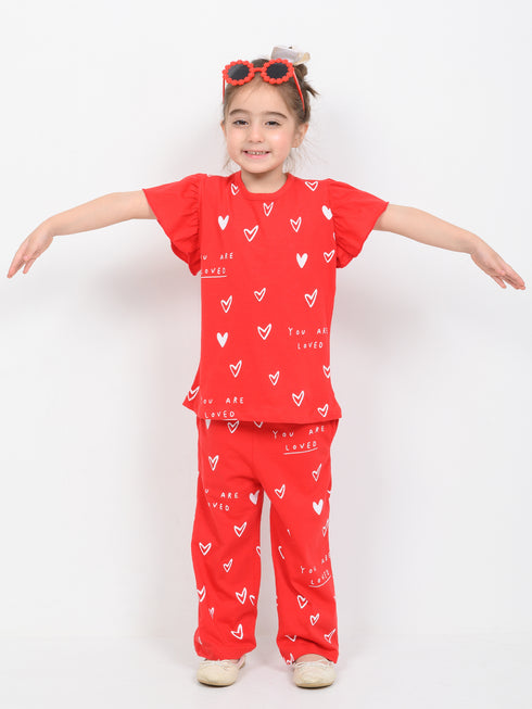 Frill Sleeves Tiny Love Burst Cotton Trouser Set (Cherry Red)