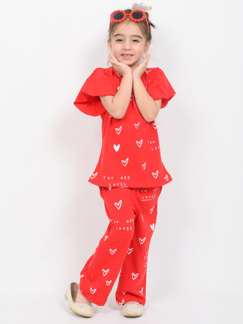 Frill Sleeves Tiny Love Burst Cotton Trouser Set (Cherry Red)