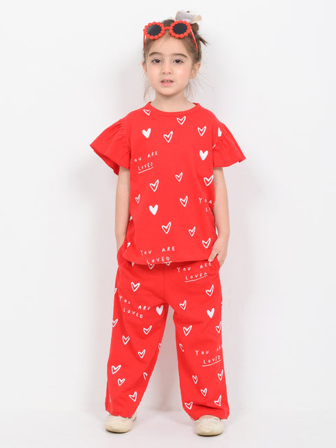 Frill Sleeves Tiny Love Burst Cotton Trouser Set (Cherry Red)