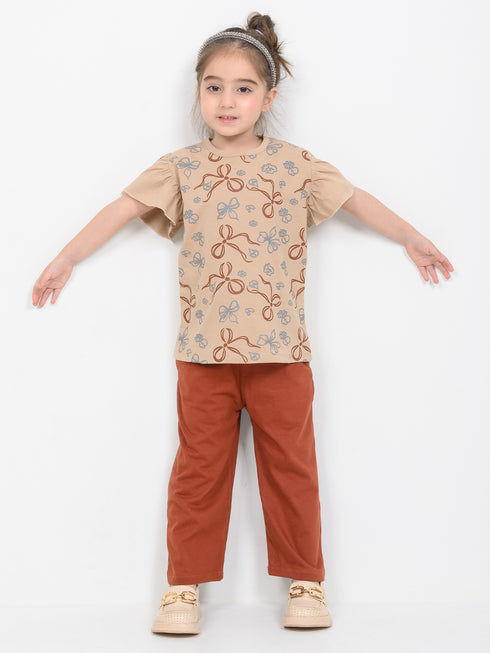 Frill Sleeves Floral Whim Cotton Trouser Set (Beige & Rust)
