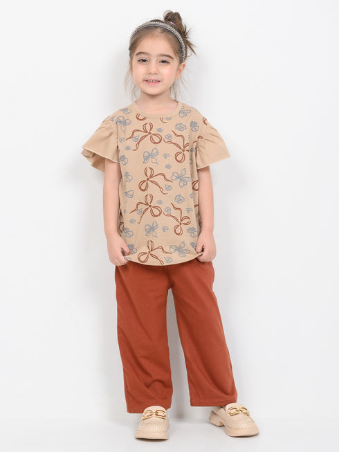 Frill Sleeves Floral Whim Cotton Trouser Set (Beige & Rust)