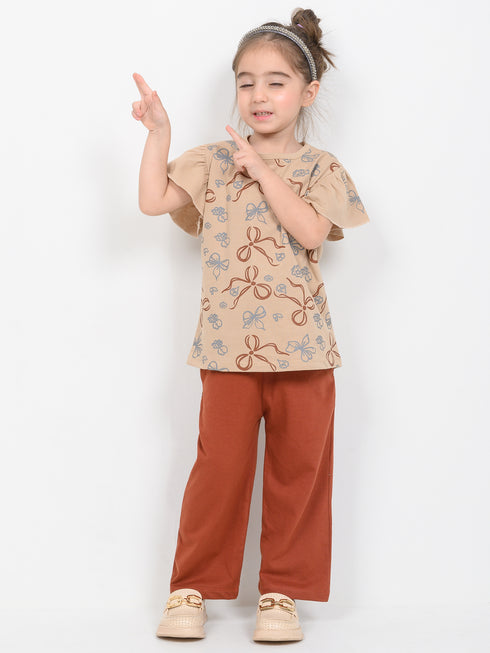 Frill Sleeves Floral Whim Cotton Trouser Set (Beige & Rust)