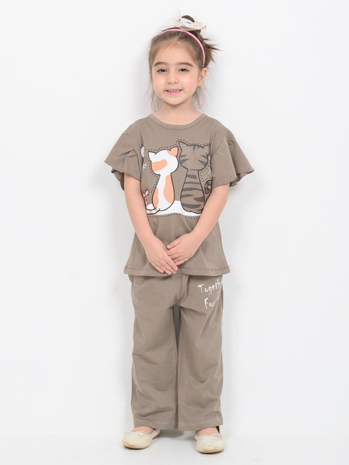 Frill Sleeves Cozy Cats Trouser Set (Light Brown)