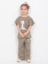 Frill Sleeves Cozy Cats Trouser Set (Light Brown)