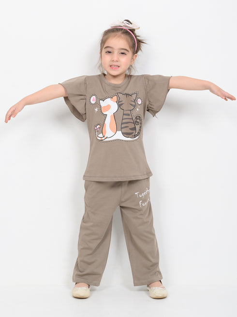 Frill Sleeves Cozy Cats Trouser Set (Light Brown)