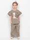 Frill Sleeves Cozy Cats Trouser Set (Light Brown)