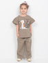 Frill Sleeves Cozy Cats Trouser Set (Light Brown)