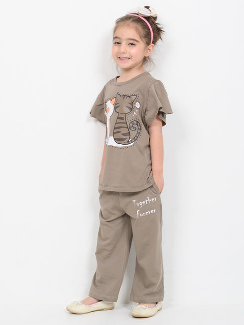 Frill Sleeves Cozy Cats Trouser Set (Light Brown)